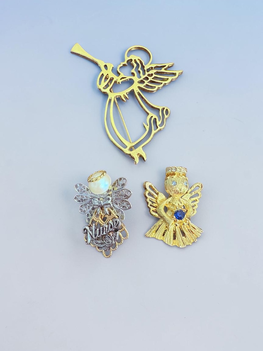VTG 3pc Angel Brooch Lot Gold Trumpet Filigree Nurse Rhinestone Christmas Pins